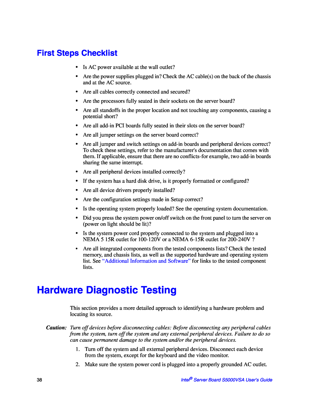 Intel S5000VSA manual Hardware Diagnostic Testing, First Steps Checklist 