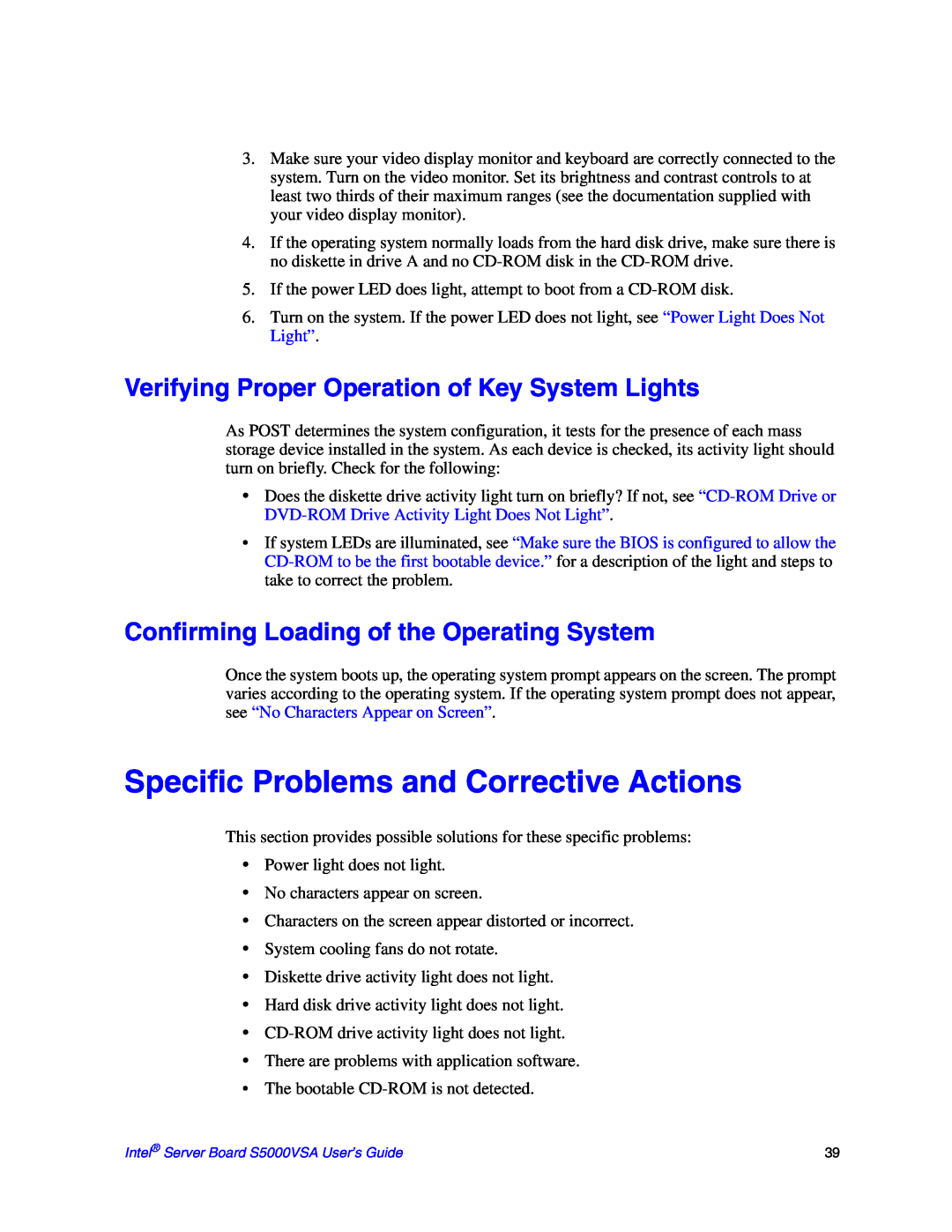 Intel S5000VSA manual Specific Problems and Corrective Actions, Verifying Proper Operation of Key System Lights 