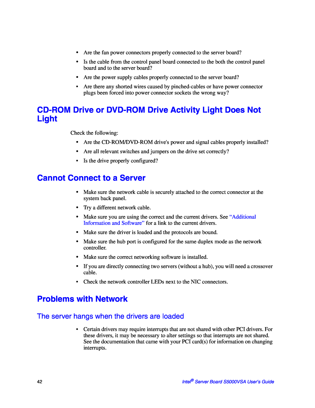 Intel S5000VSA manual CD-ROM Drive or DVD-ROM Drive Activity Light Does Not Light, Cannot Connect to a Server 
