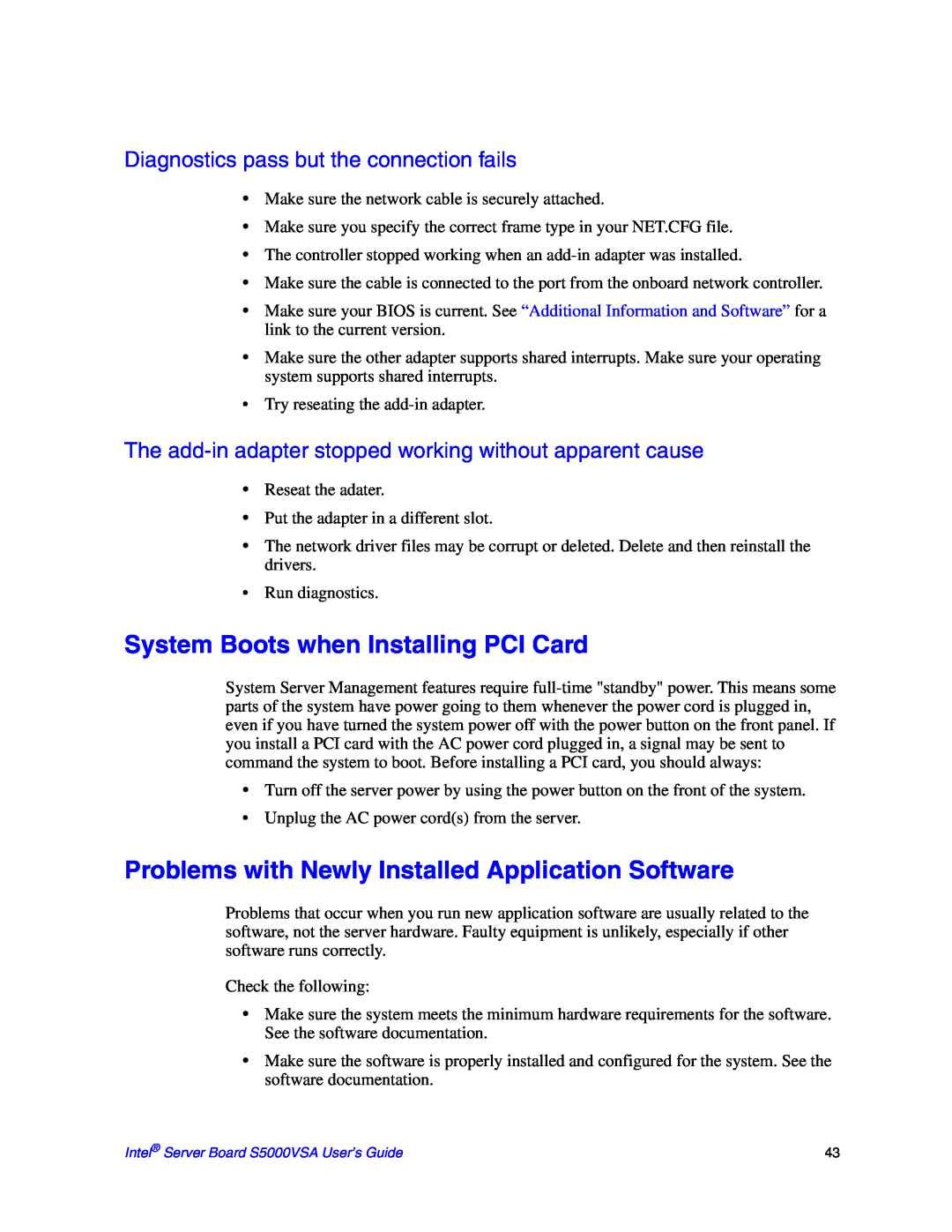 Intel S5000VSA manual System Boots when Installing PCI Card, Problems with Newly Installed Application Software 