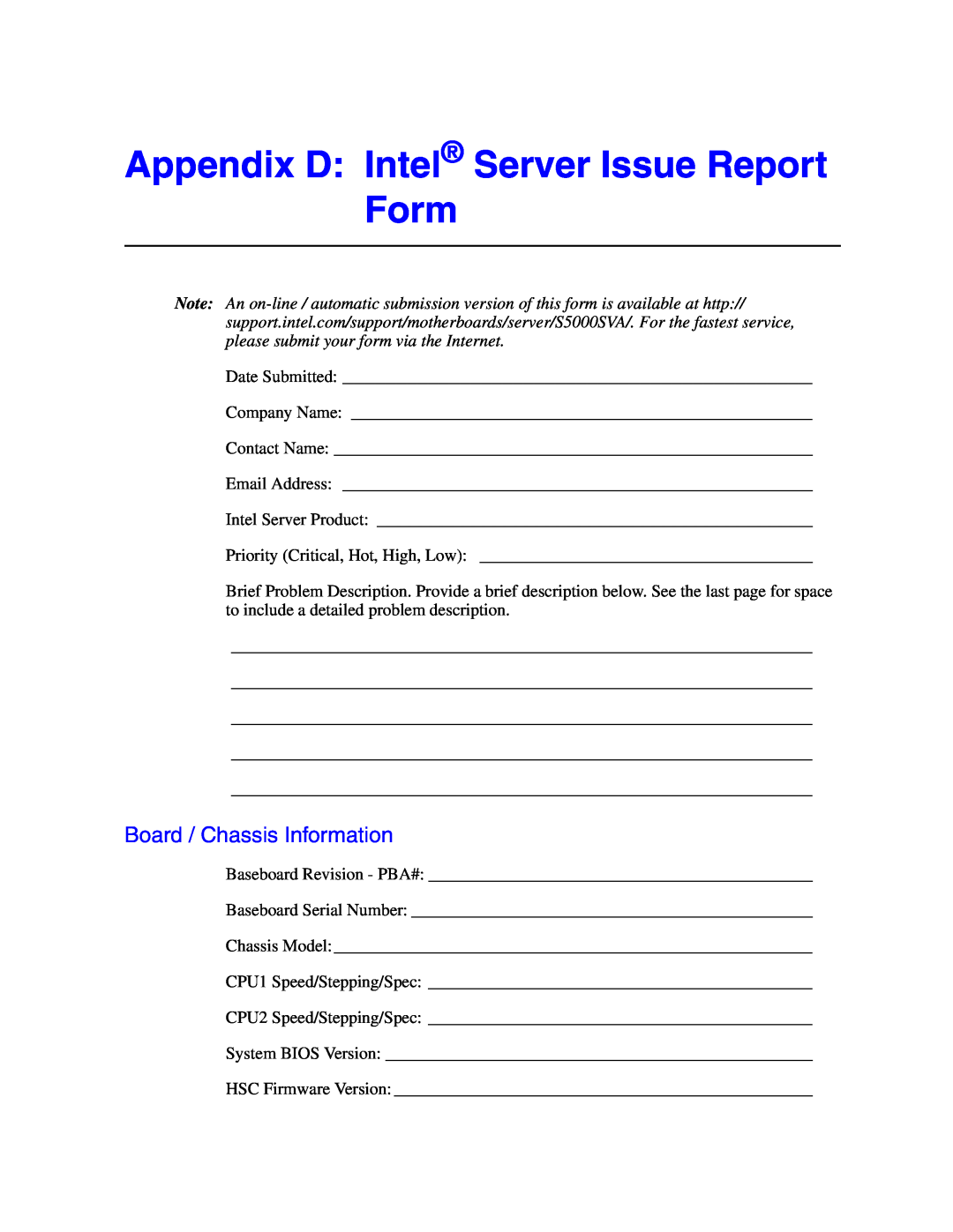 Intel S5000VSA manual Appendix D Intel Server Issue Report Form, Board / Chassis Information 