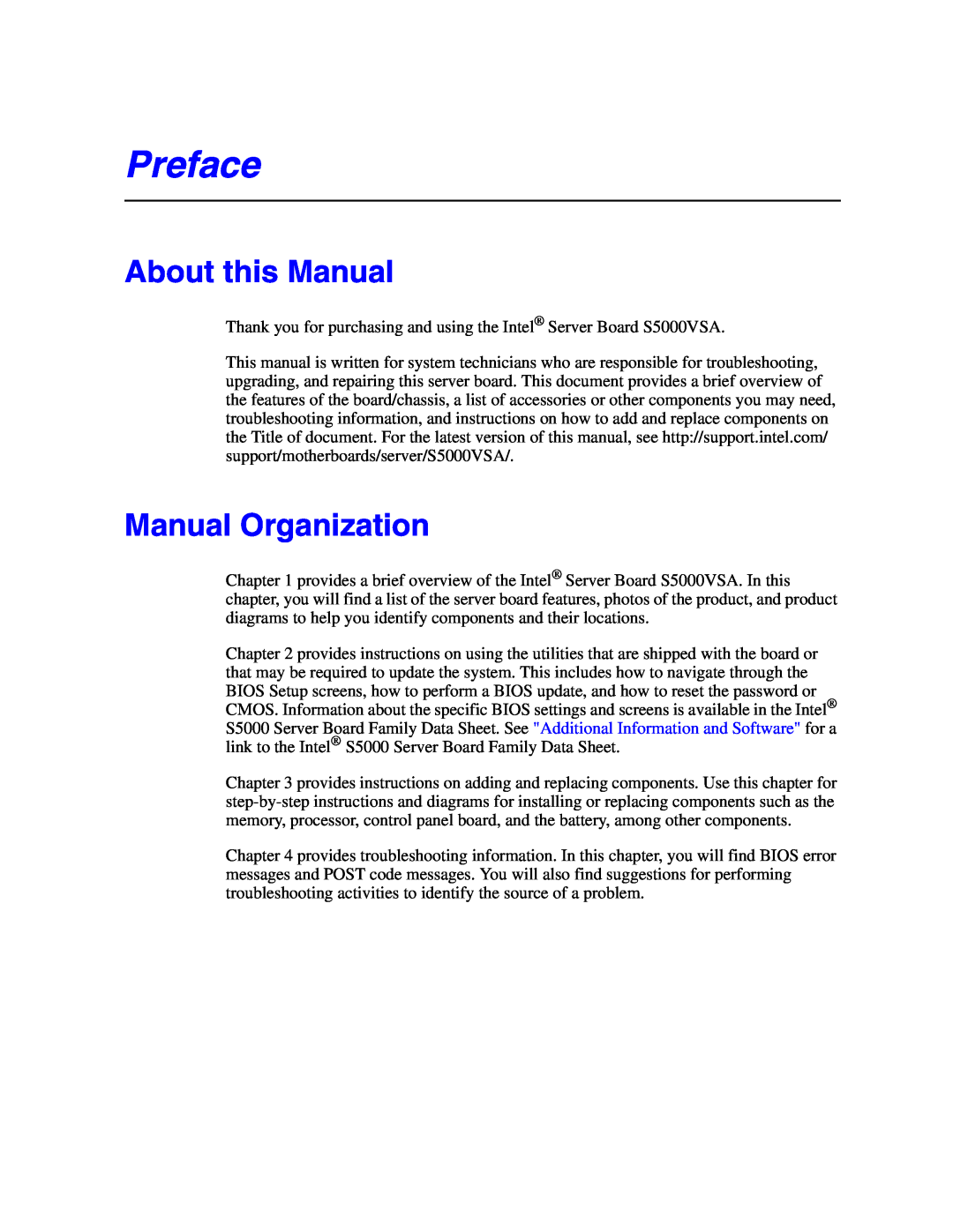 Intel S5000VSA manual Preface, About this Manual, Manual Organization 