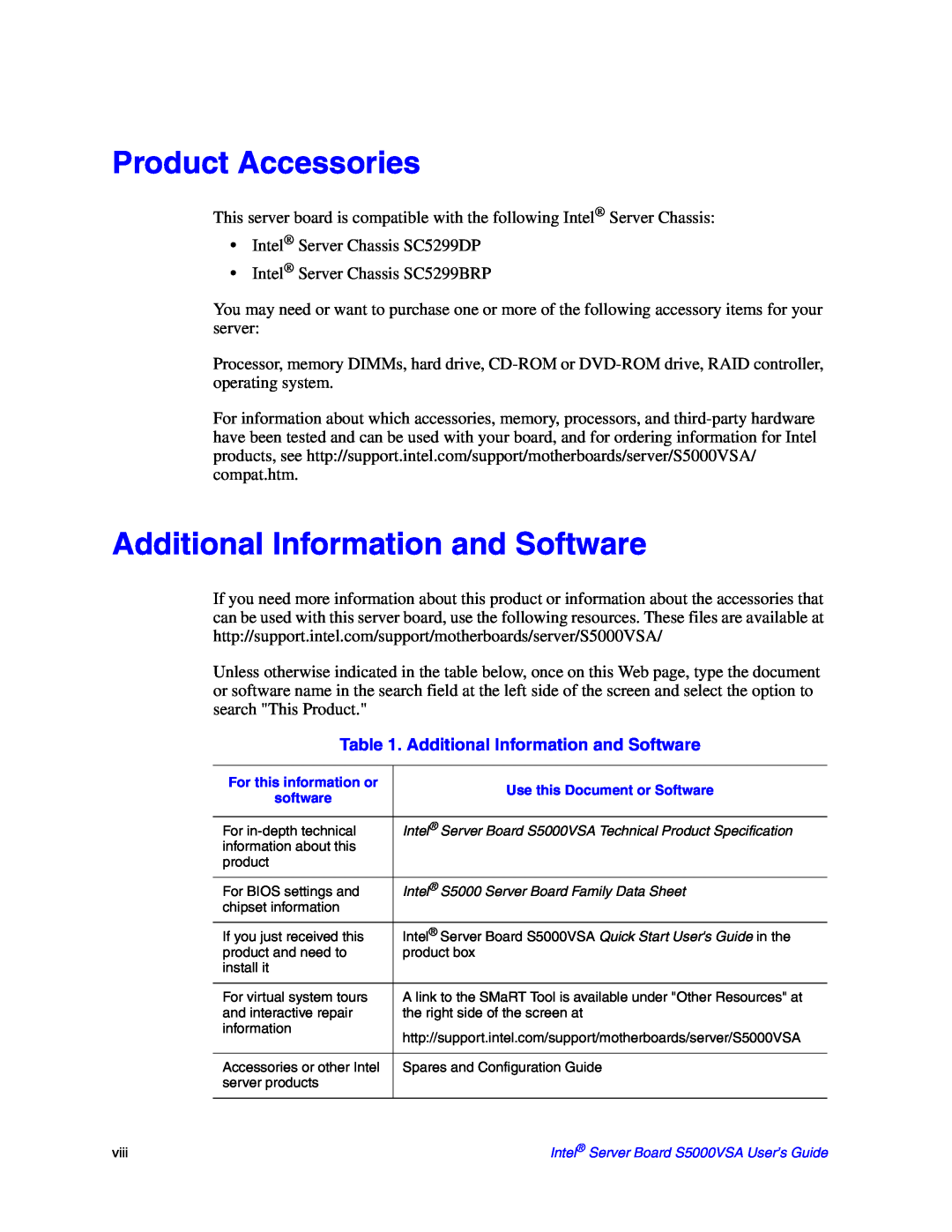 Intel S5000VSA manual Product Accessories, Additional Information and Software 