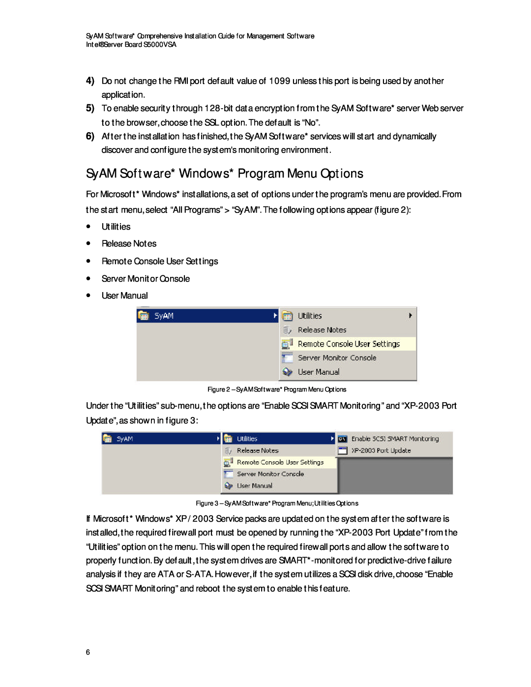Intel S5000VSA manual SyAM Software* Windows* Program Menu Options 