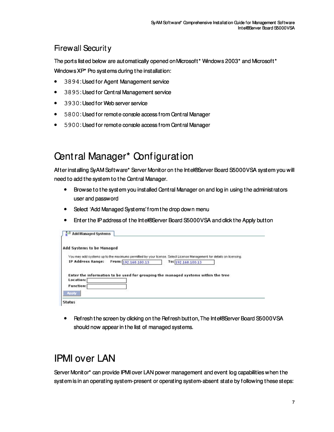 Intel S5000VSA manual Central Manager* Configuration, IPMI over LAN, Firewall Security 