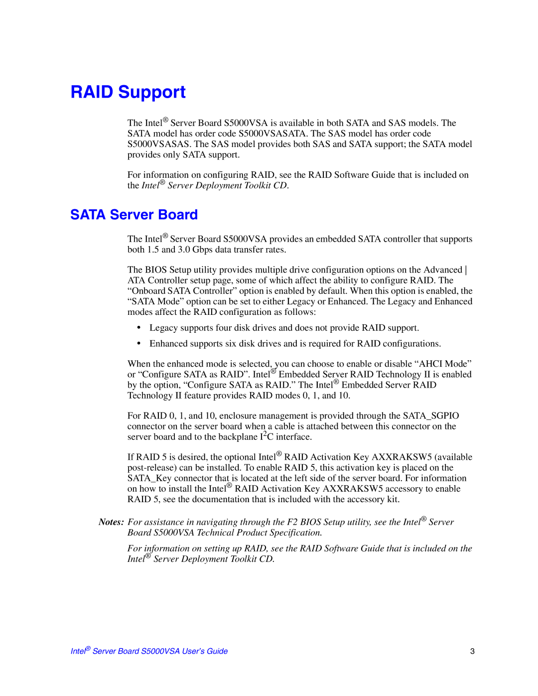 Intel S5000VSA manual RAID Support, Sata Server Board 