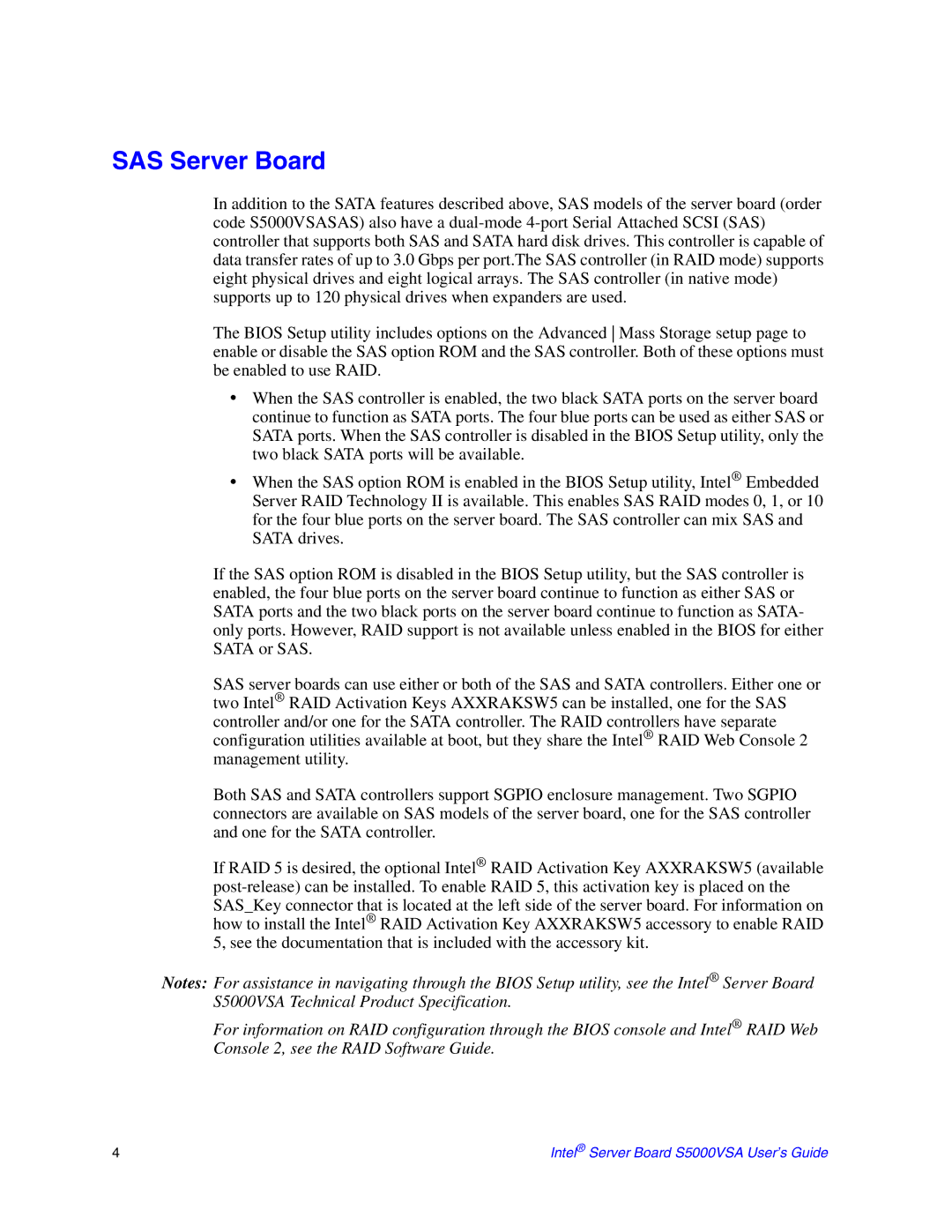 Intel S5000VSA manual SAS Server Board 