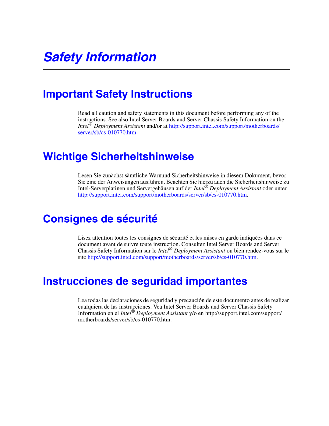 Intel S5000VSA manual Safety Information 