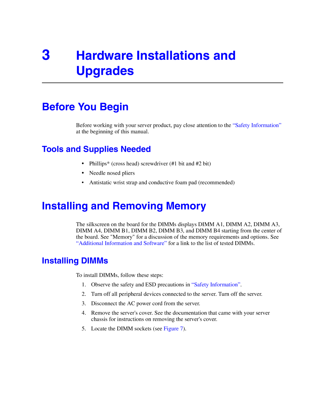 Intel S5000VSA Hardware Installations and Upgrades, Before You Begin, Installing and Removing Memory, Installing DIMMs 