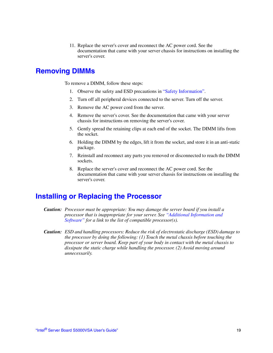 Intel S5000VSA manual Removing DIMMs, Installing or Replacing the Processor 