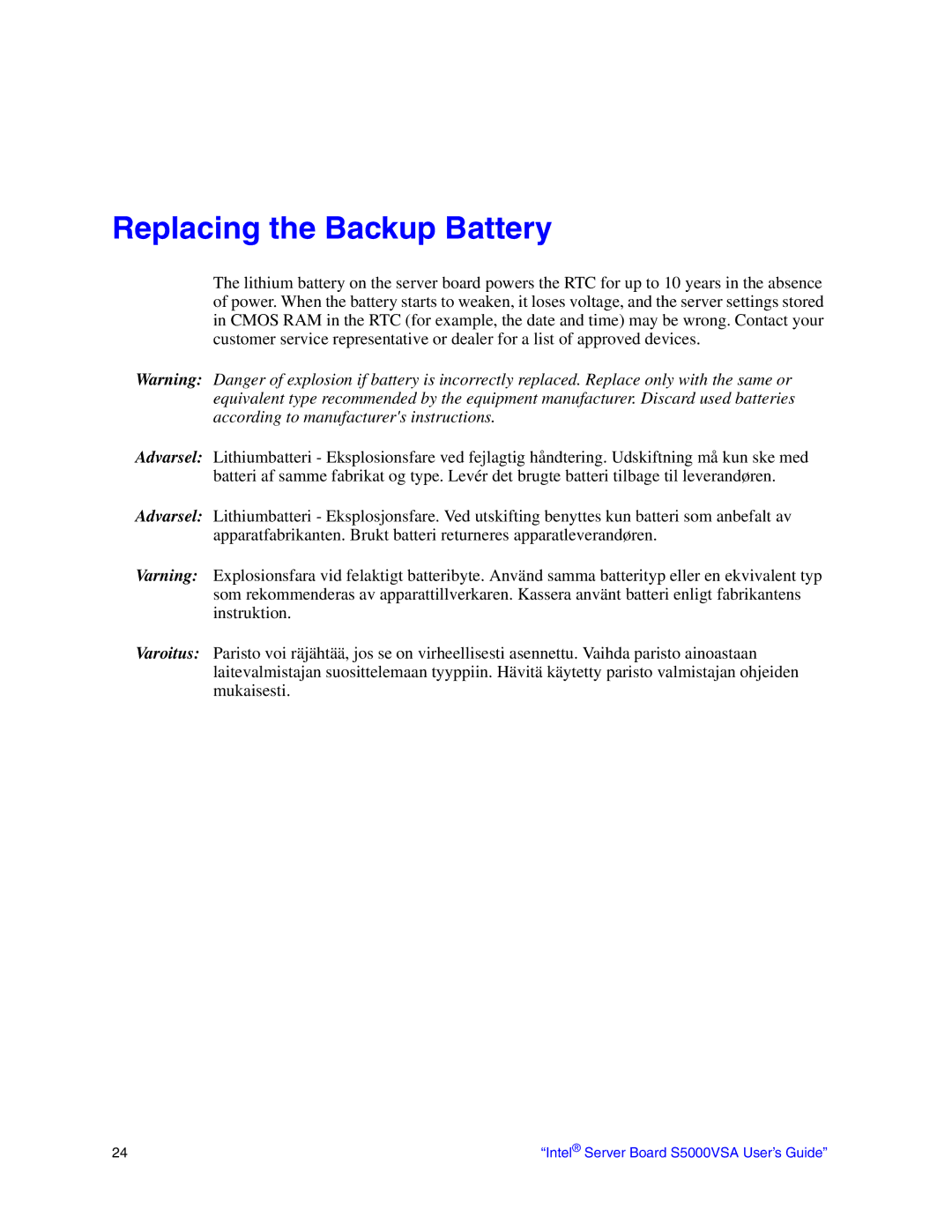 Intel S5000VSA manual Replacing the Backup Battery 