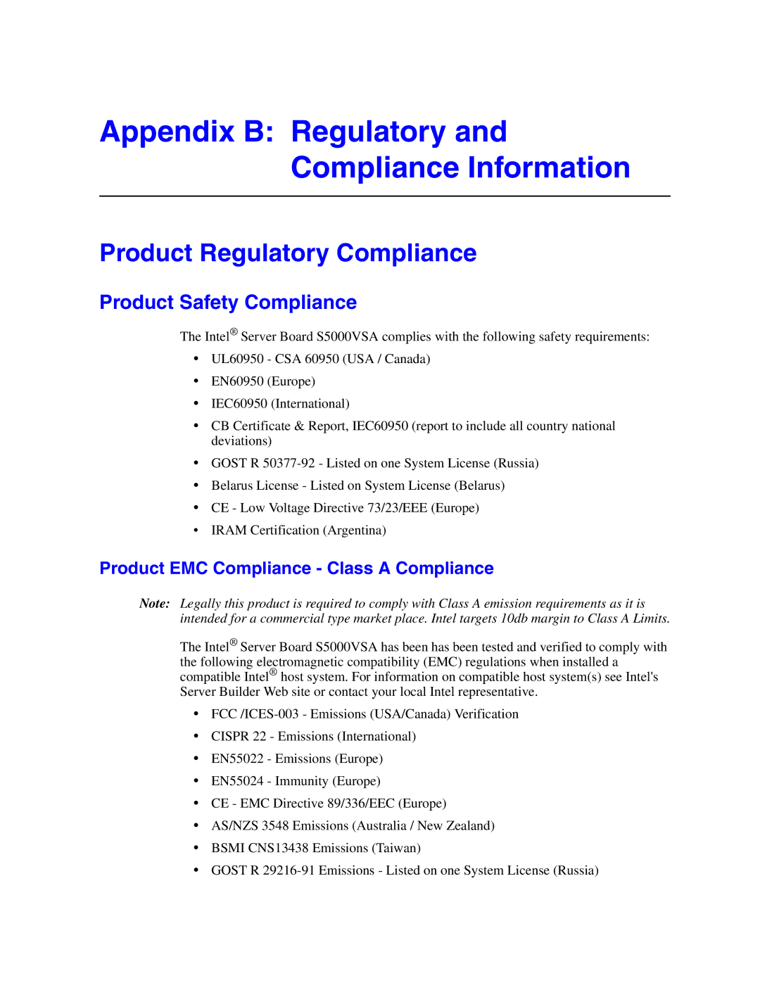 Intel S5000VSA Appendix B Regulatory and Compliance Information, Product Regulatory Compliance, Product Safety Compliance 