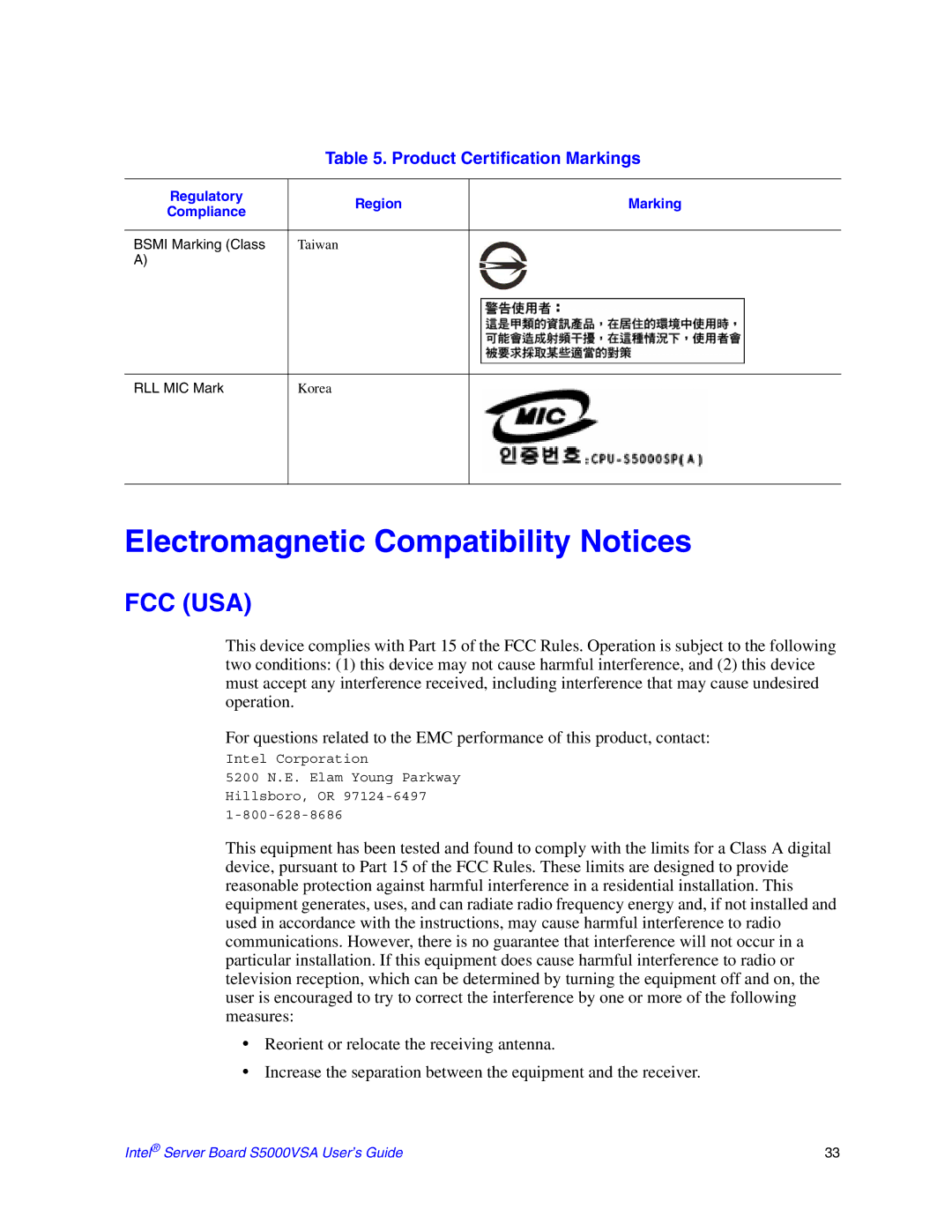 Intel S5000VSA manual Electromagnetic Compatibility Notices, Regulatory Region Marking Compliance Bsmi Marking Class 