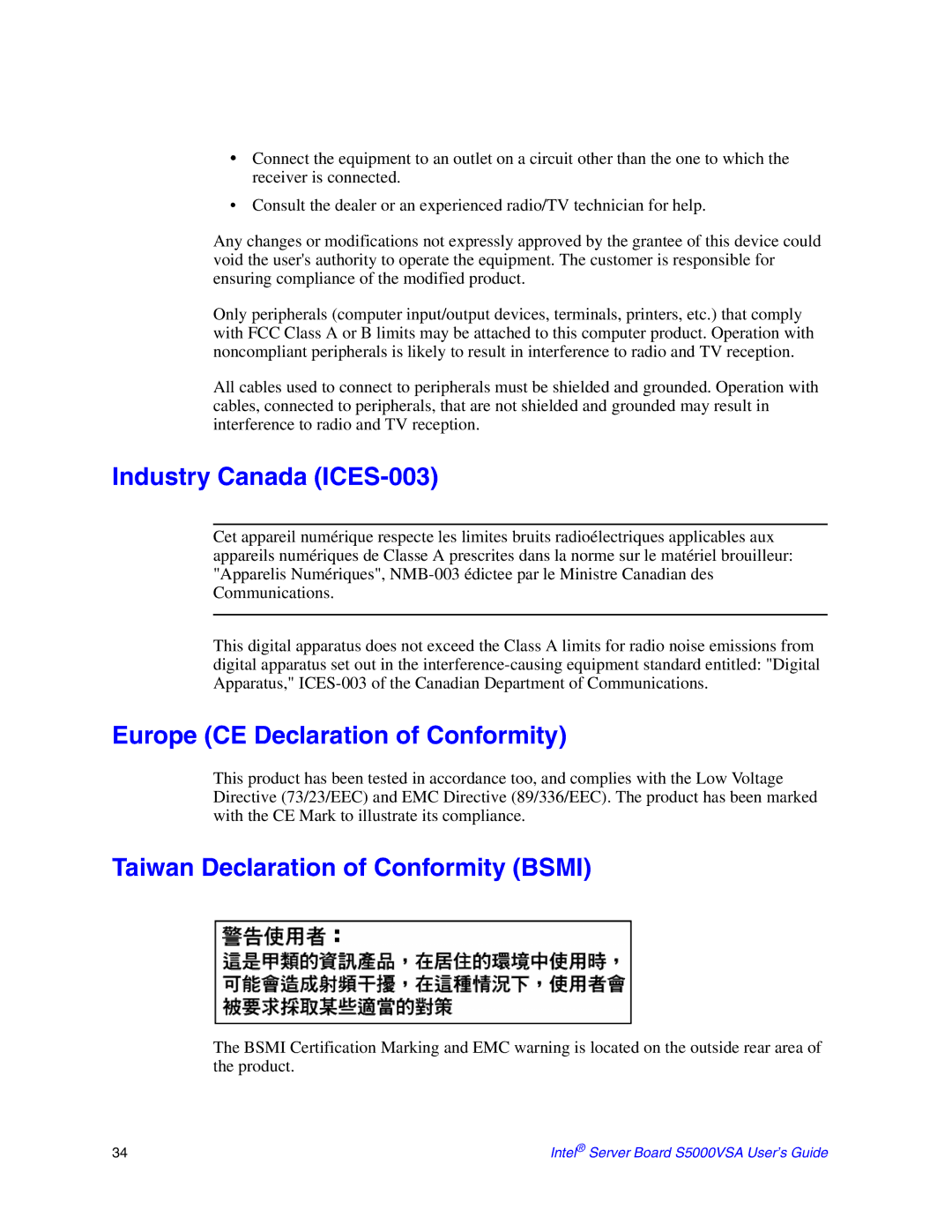 Intel S5000VSA manual Industry Canada ICES-003, Europe CE Declaration of Conformity, Taiwan Declaration of Conformity Bsmi 