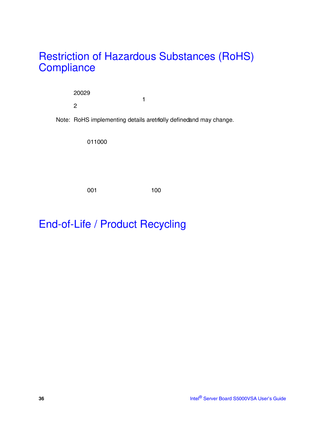 Intel S5000VSA manual Restriction of Hazardous Substances RoHS Compliance, End-of-Life / Product Recycling 