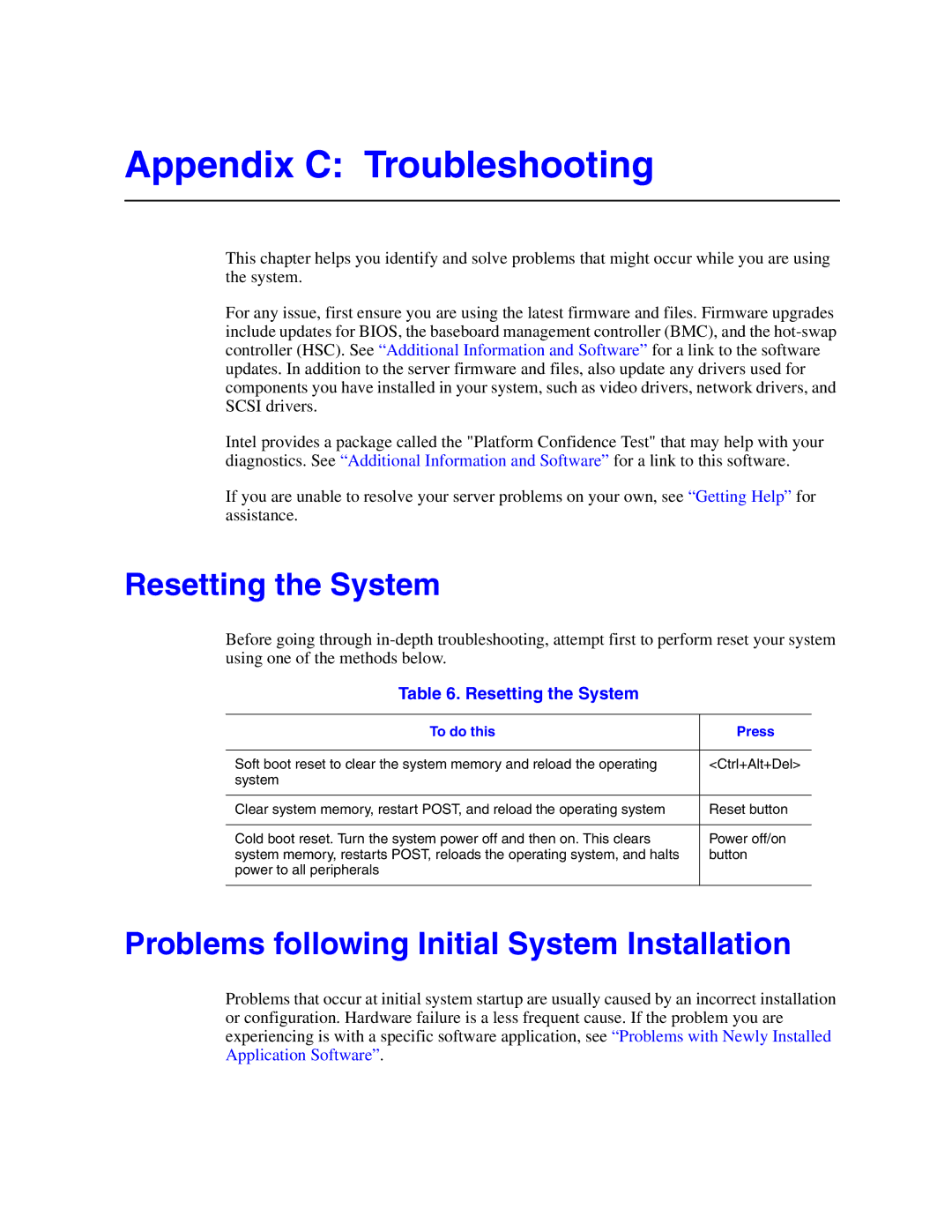 Intel S5000VSA manual Appendix C Troubleshooting, Resetting the System, Problems following Initial System Installation 