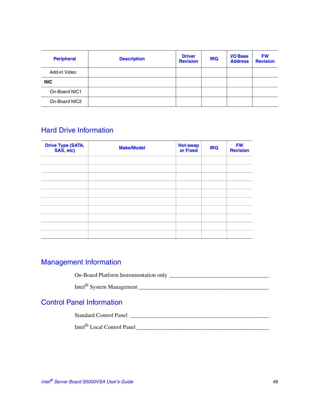 Intel S5000VSA manual Hard Drive Information, Management Information, Control Panel Information, Base Revision Address 