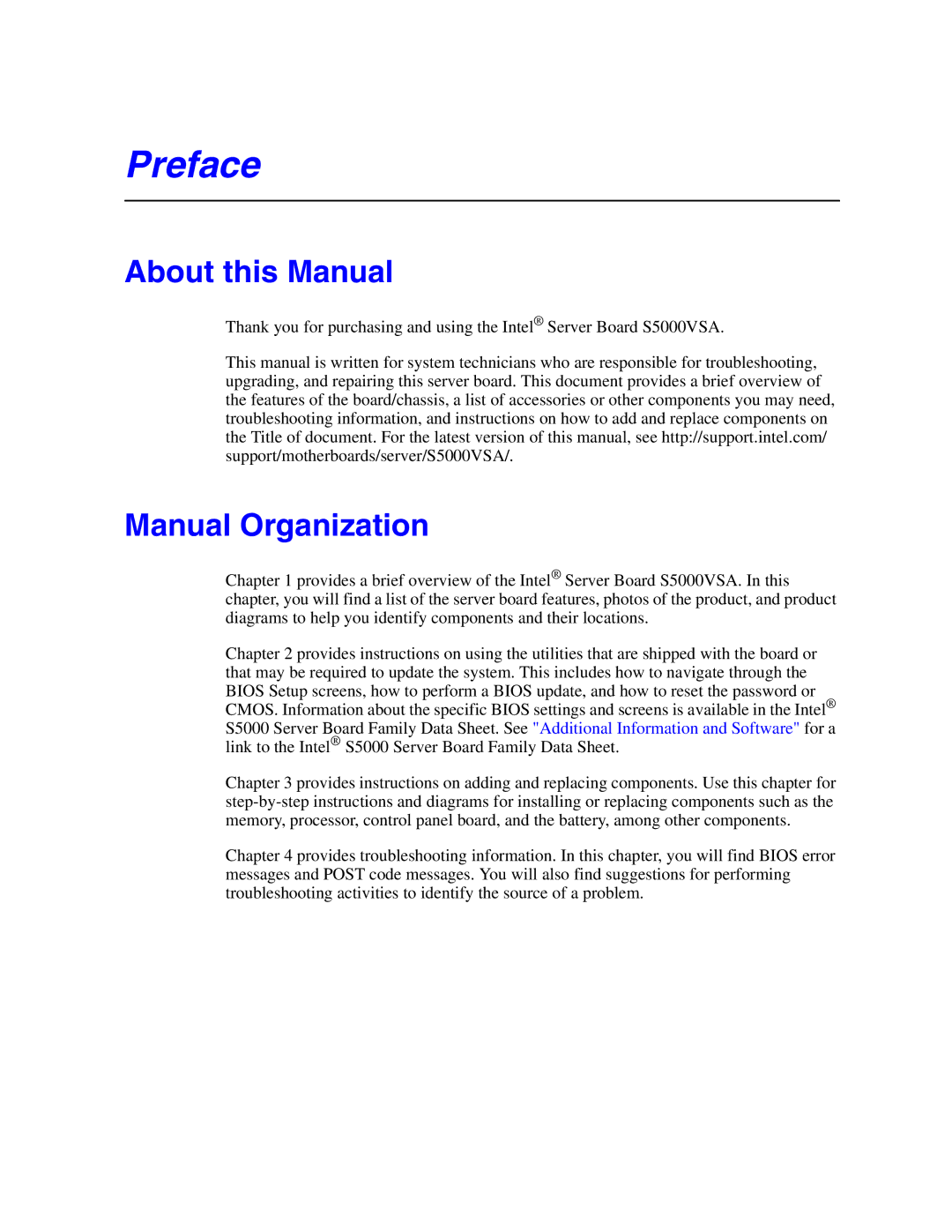 Intel S5000VSA manual About this Manual, Manual Organization 