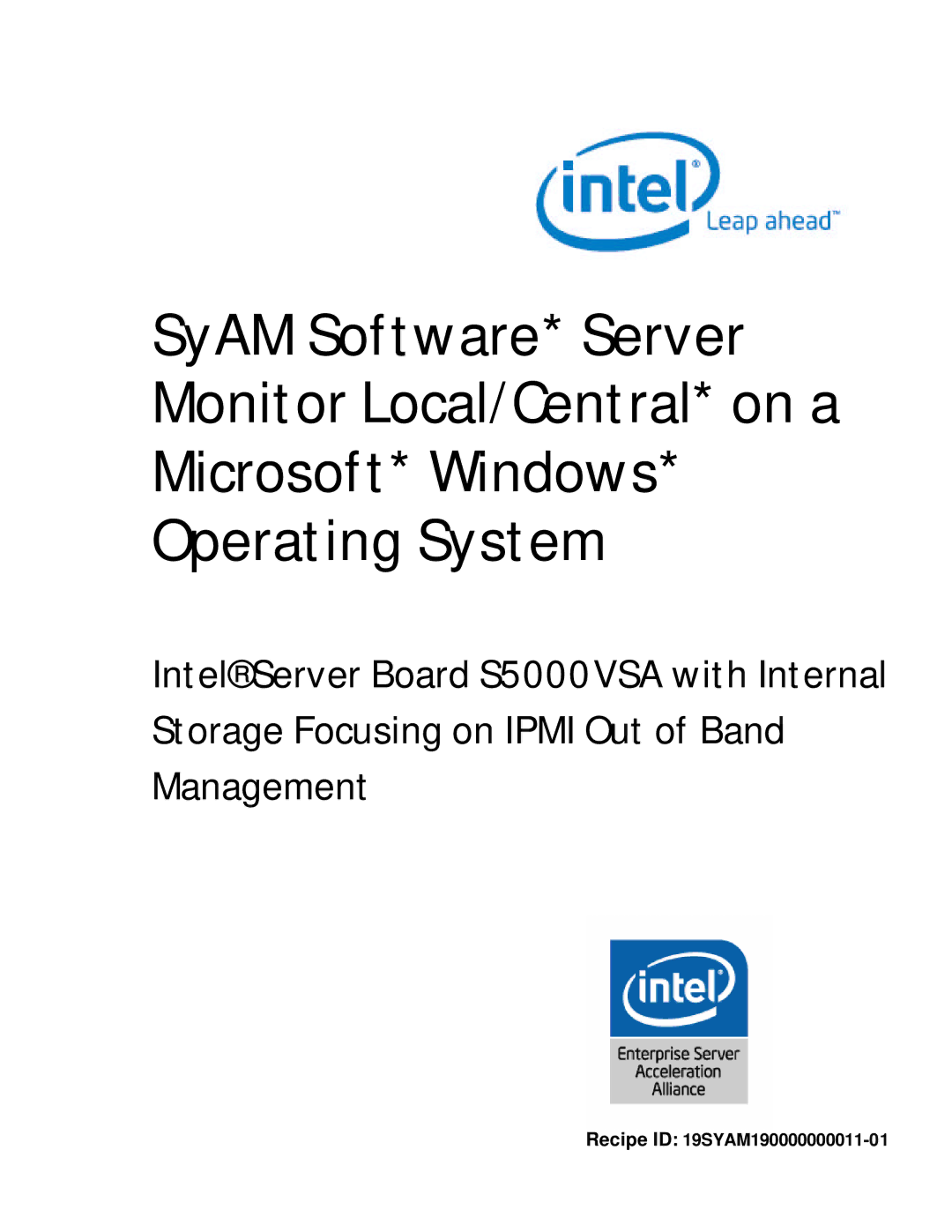 Intel S5000VSA manual Recipe ID 19SYAM190000000011-01 