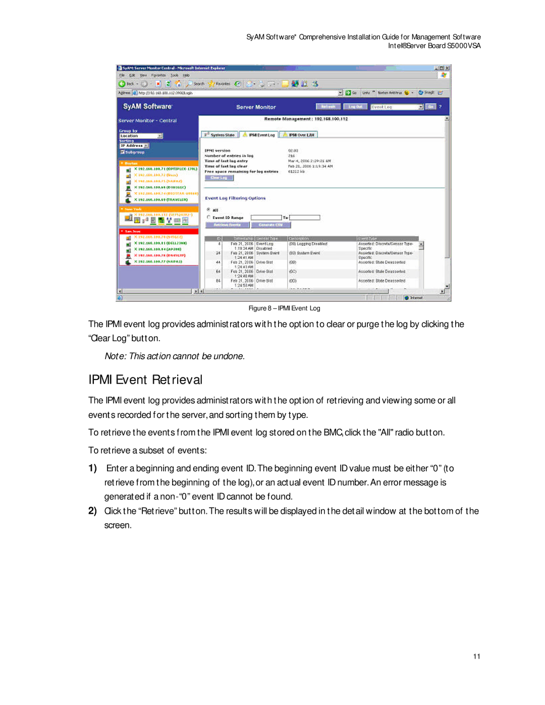 Intel S5000VSA manual Ipmi Event Retrieval, Ipmi Event Log 