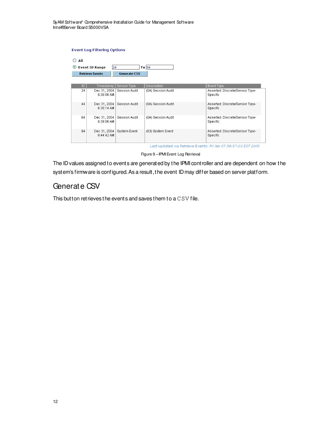 Intel S5000VSA manual Generate CSV, Ipmi Event Log Retrieval 