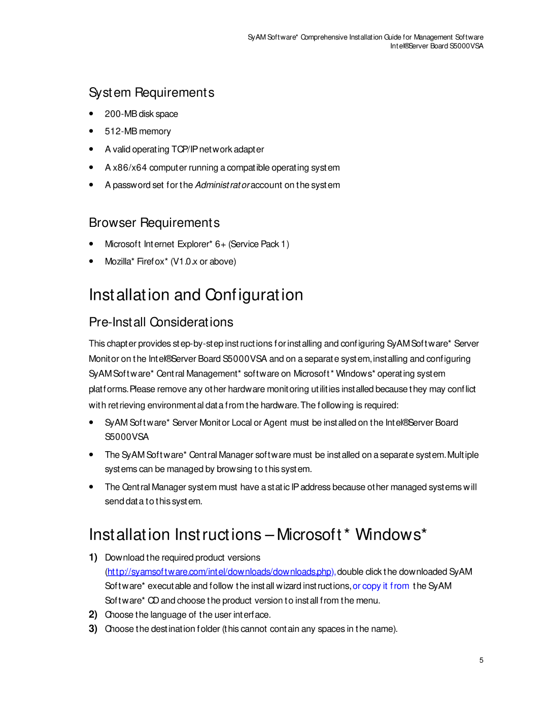 Intel S5000VSA manual Installation and Configuration, Installation Instructions Microsoft* Windows, System Requirements 