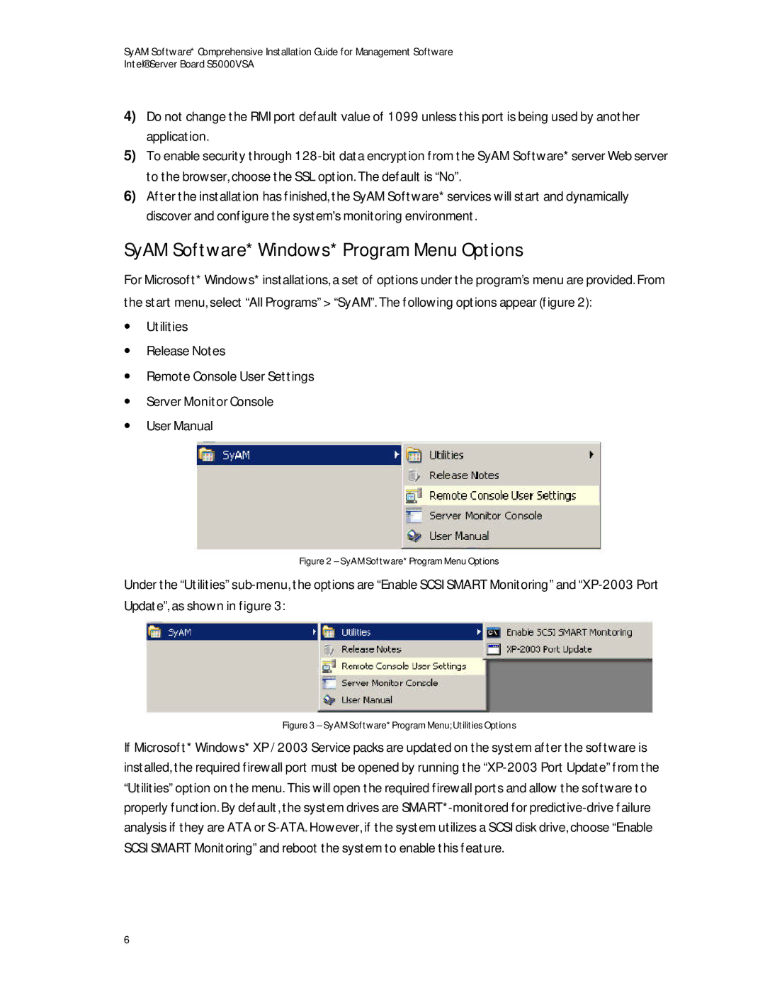 Intel S5000VSA manual SyAM Software* Windows* Program Menu Options, SyAM Software* Program Menu Options 