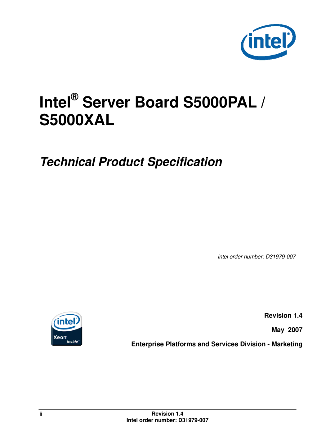 Intel S5000XAL manual Revision, Intel order number D31979-007 