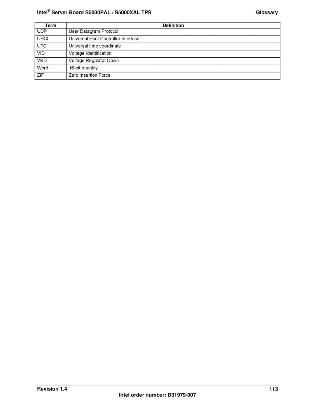 Intel S5000XAL manual Revision 113 Intel order number D31979-007 