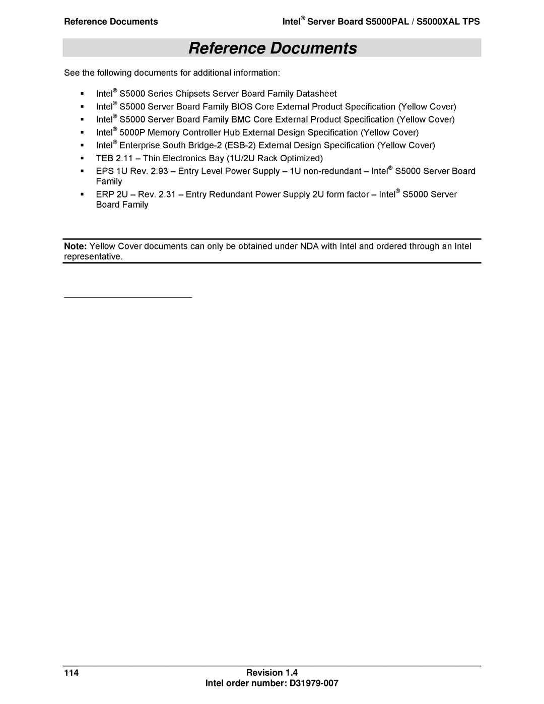 Intel S5000XAL manual Reference Documents, 114Revision Intel order number D31979-007 