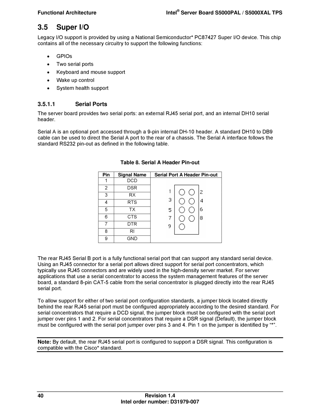 Intel S5000XAL manual Super I/O, Serial Ports, Serial a Header Pin-out, 40Revision Intel order number D31979-007 