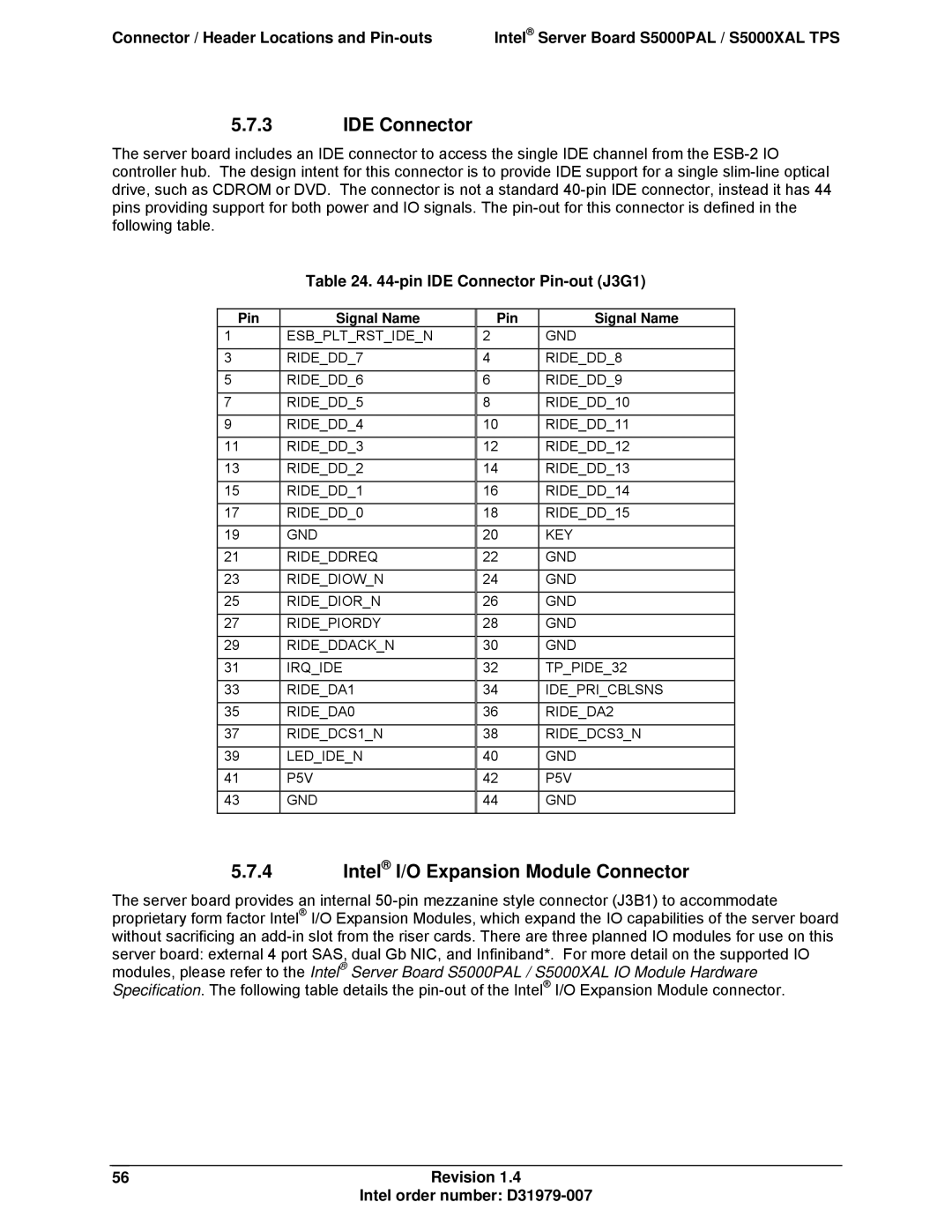 Intel S5000XAL manual Intel I/O Expansion Module Connector, Pin IDE Connector Pin-out J3G1 