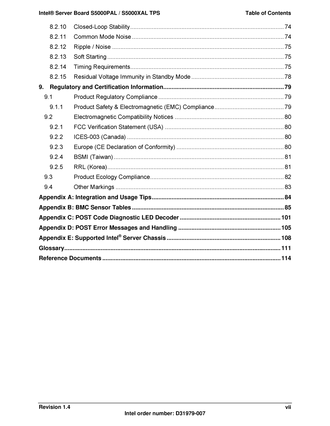 Intel S5000XAL manual 101, 105, 108, 111, 114 