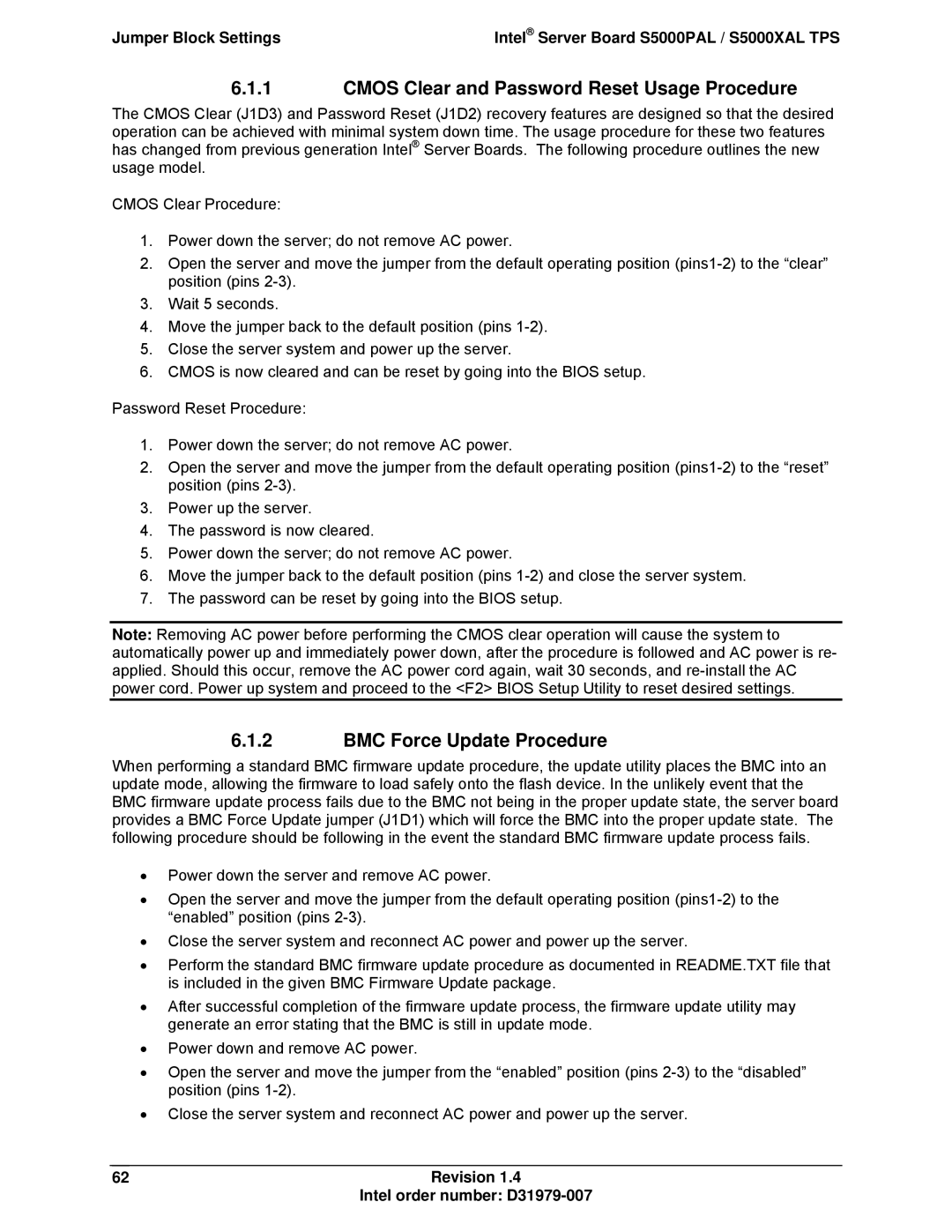 Intel S5000XAL manual Cmos Clear and Password Reset Usage Procedure, BMC Force Update Procedure 