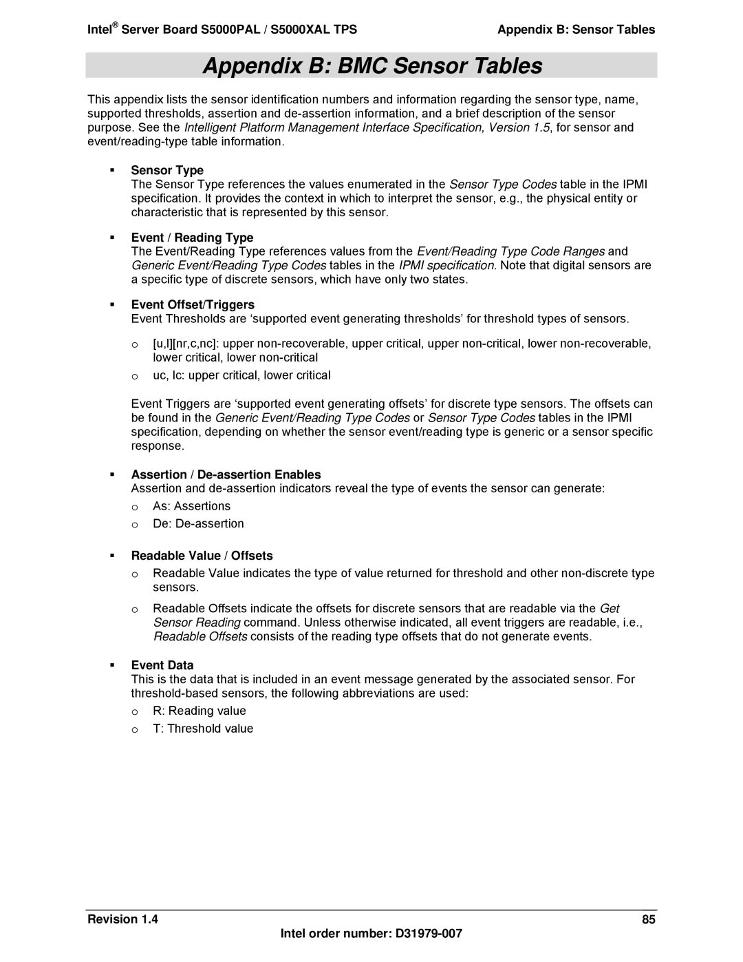 Intel S5000XAL manual ƒ Sensor Type, ƒ Event / Reading Type, ƒ Event Offset/Triggers, ƒ Assertion / De-assertion Enables 