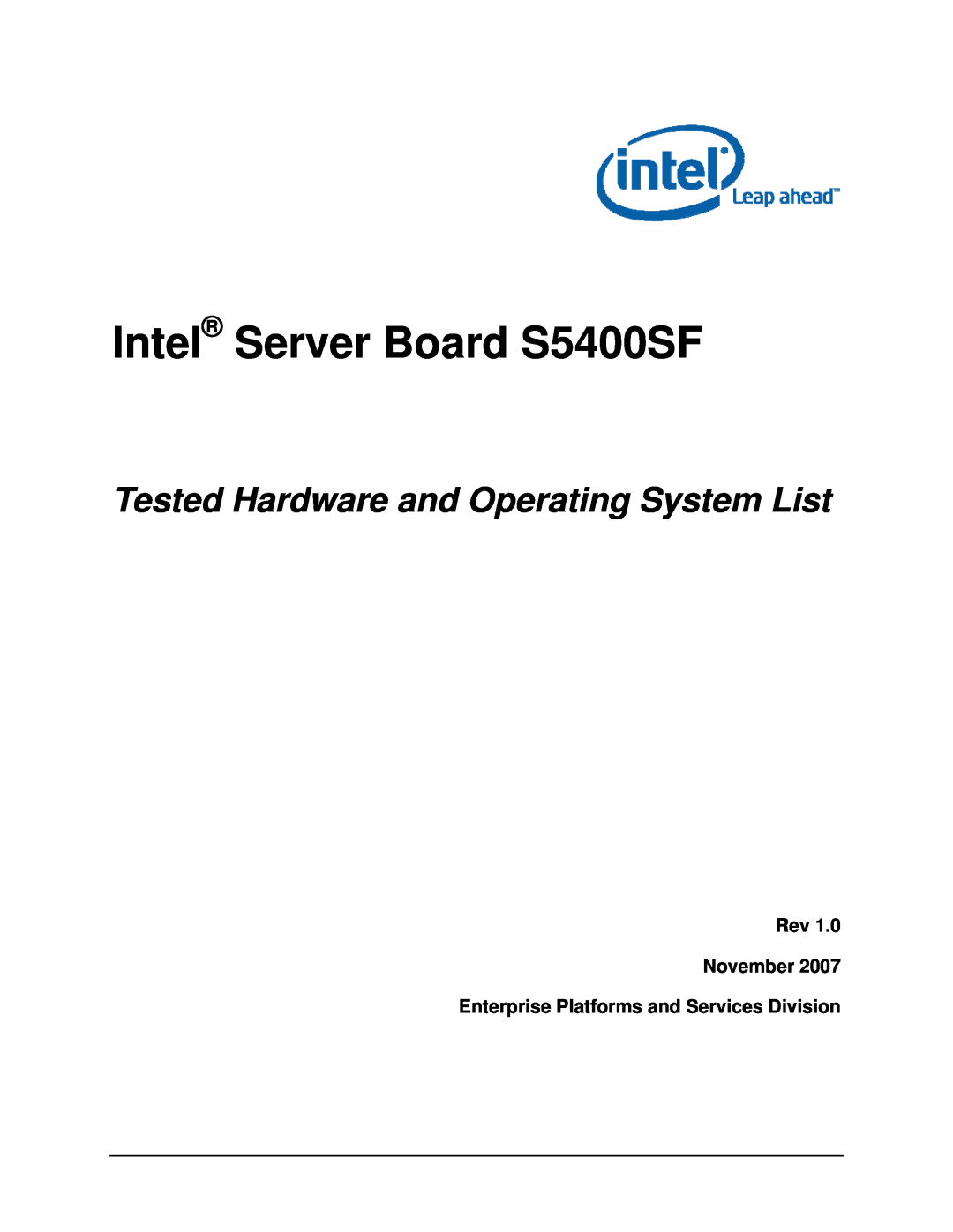 Intel manual Rev November, Enterprise Platforms and Services Division, Intel Server Board S5400SF 