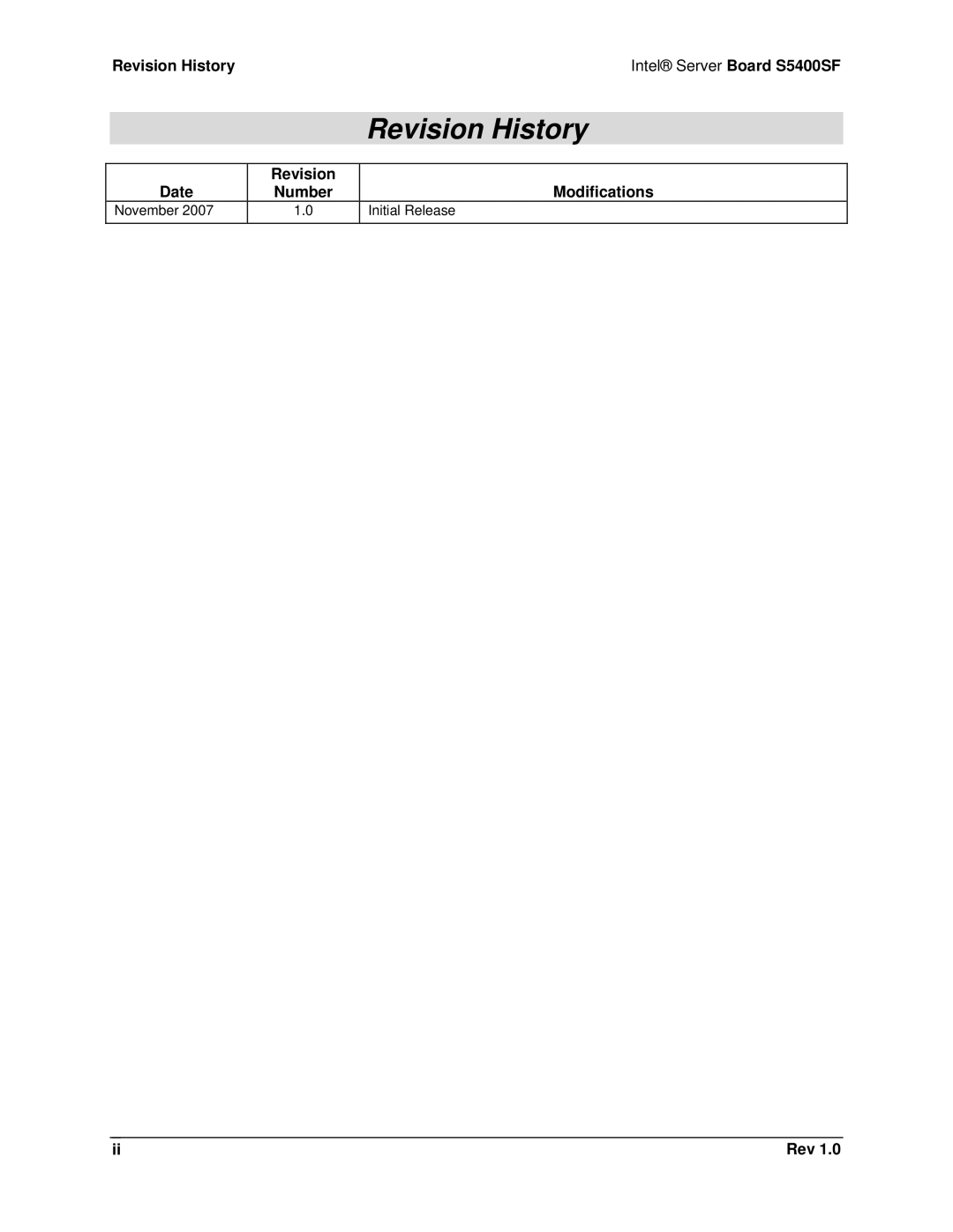 Intel S5400SF manual Revision History 