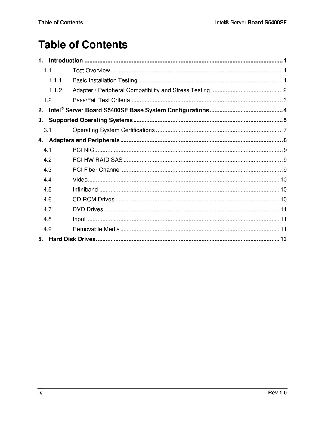 Intel S5400SF manual Table of Contents 