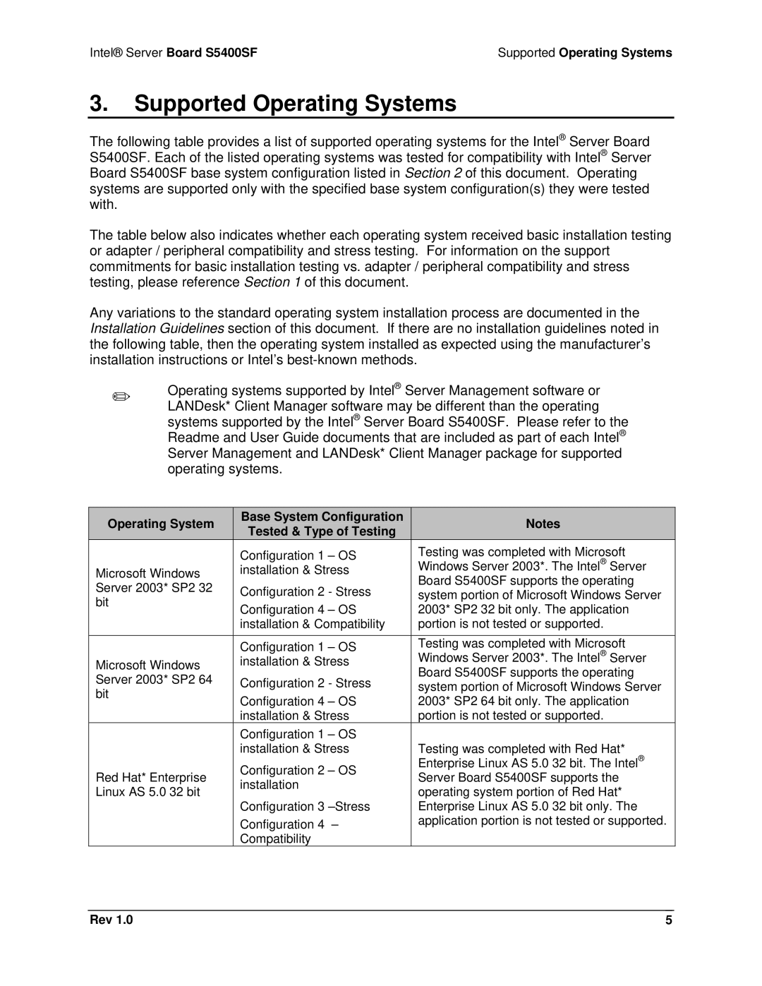 Intel S5400SF manual Supported Operating Systems 