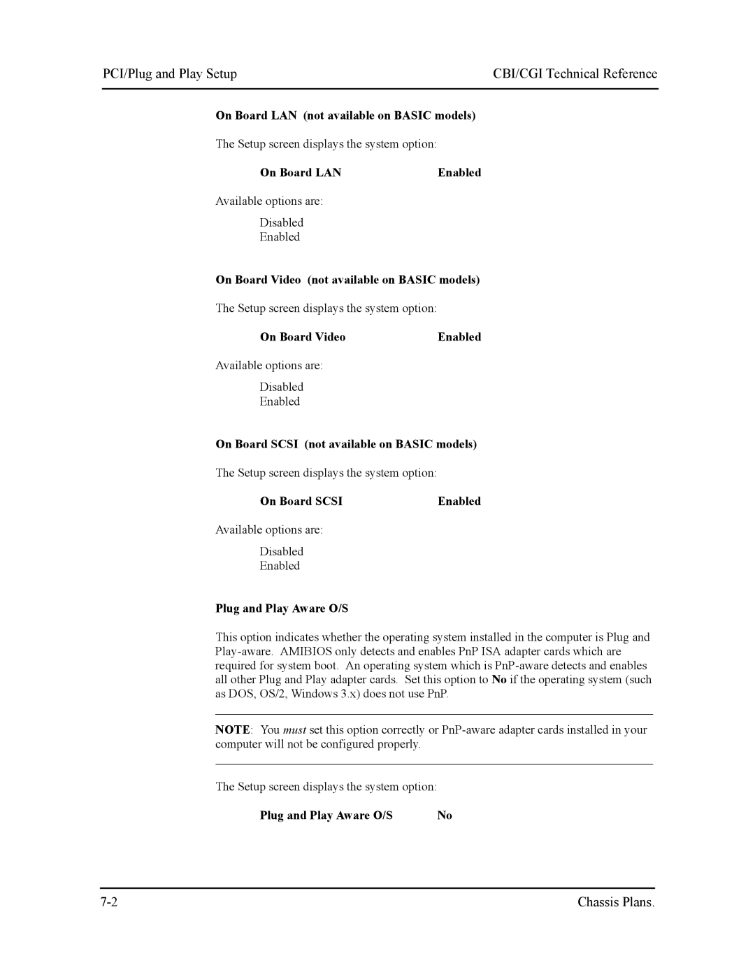 Intel S5721-xxx manual PCI/Plug and Play Setup, On Board LAN not available on Basic models 