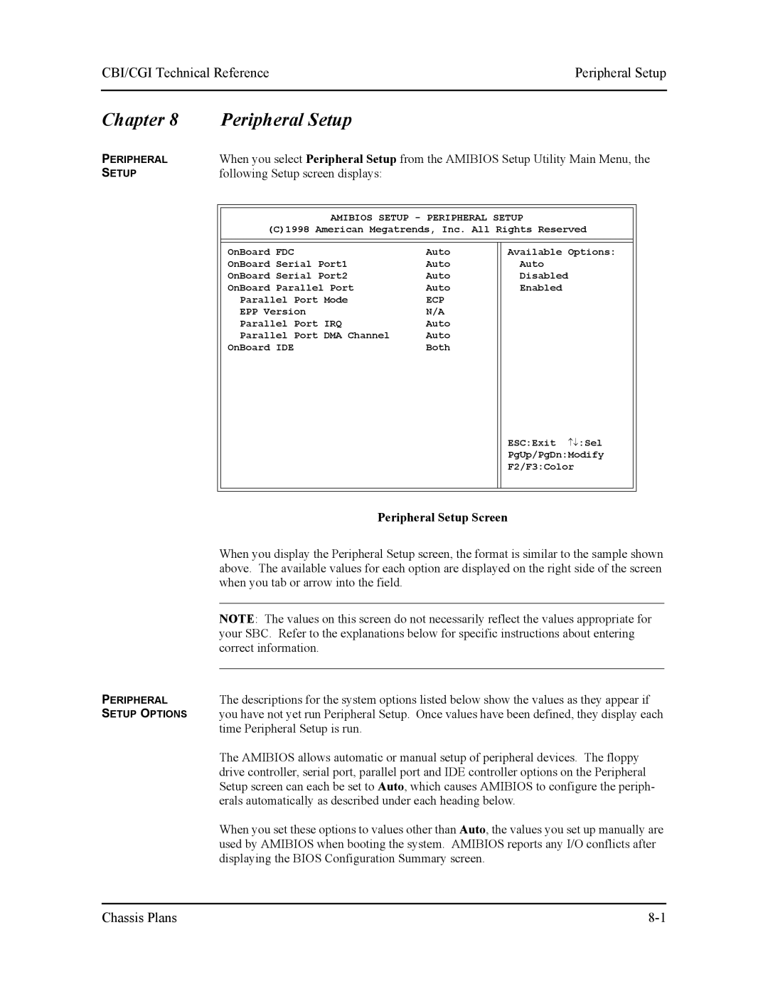 Intel S5721-xxx manual Chapter Peripheral Setup, CBI/CGI Technical ReferencePeripheral Setup, Peripheral Setup Screen 