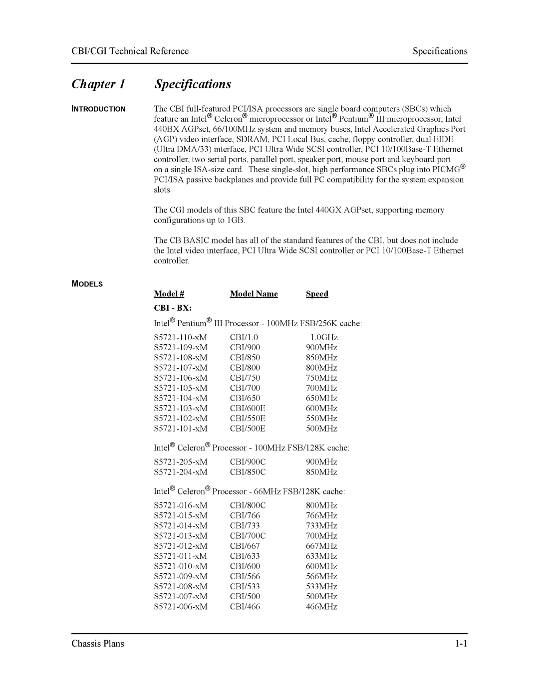 Intel S5721-xxx manual Chapter Specifications, CBI/CGI Technical ReferenceSpecifications, Model # Model Name Speed, Cbi Bx 