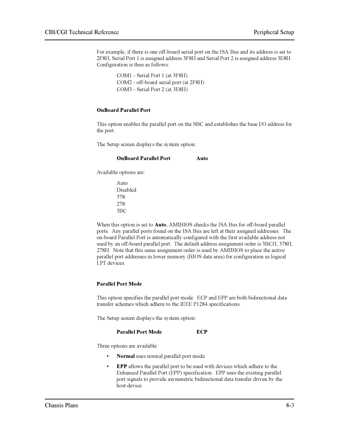 Intel S5721-xxx CBI/CGI Technical Reference Peripheral Setup, OnBoard Parallel Port Auto, Parallel Port Mode, Ecp 