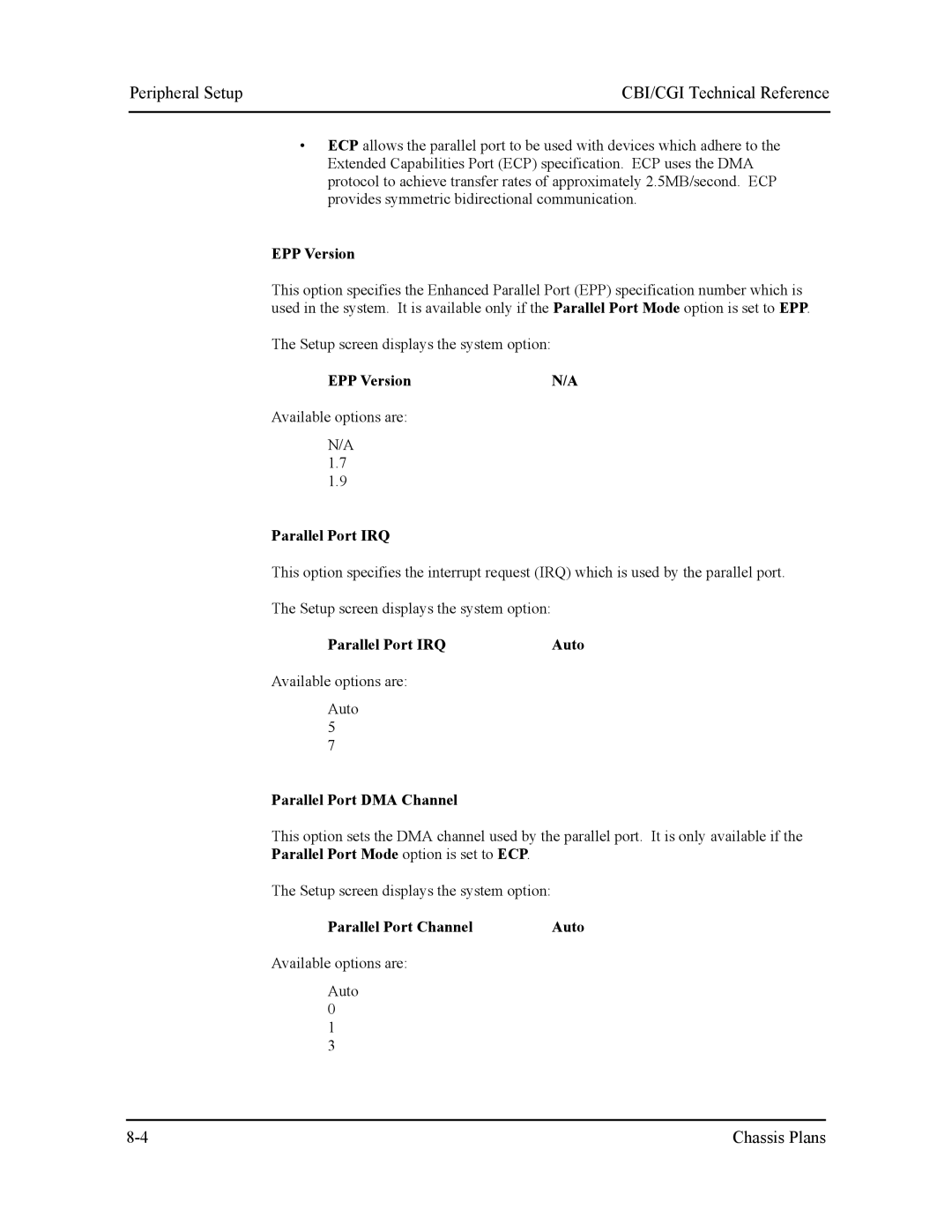 Intel S5721-xxx manual EPP Version, Parallel Port IRQ Auto, Parallel Port DMA Channel, Parallel Port Channel Auto 