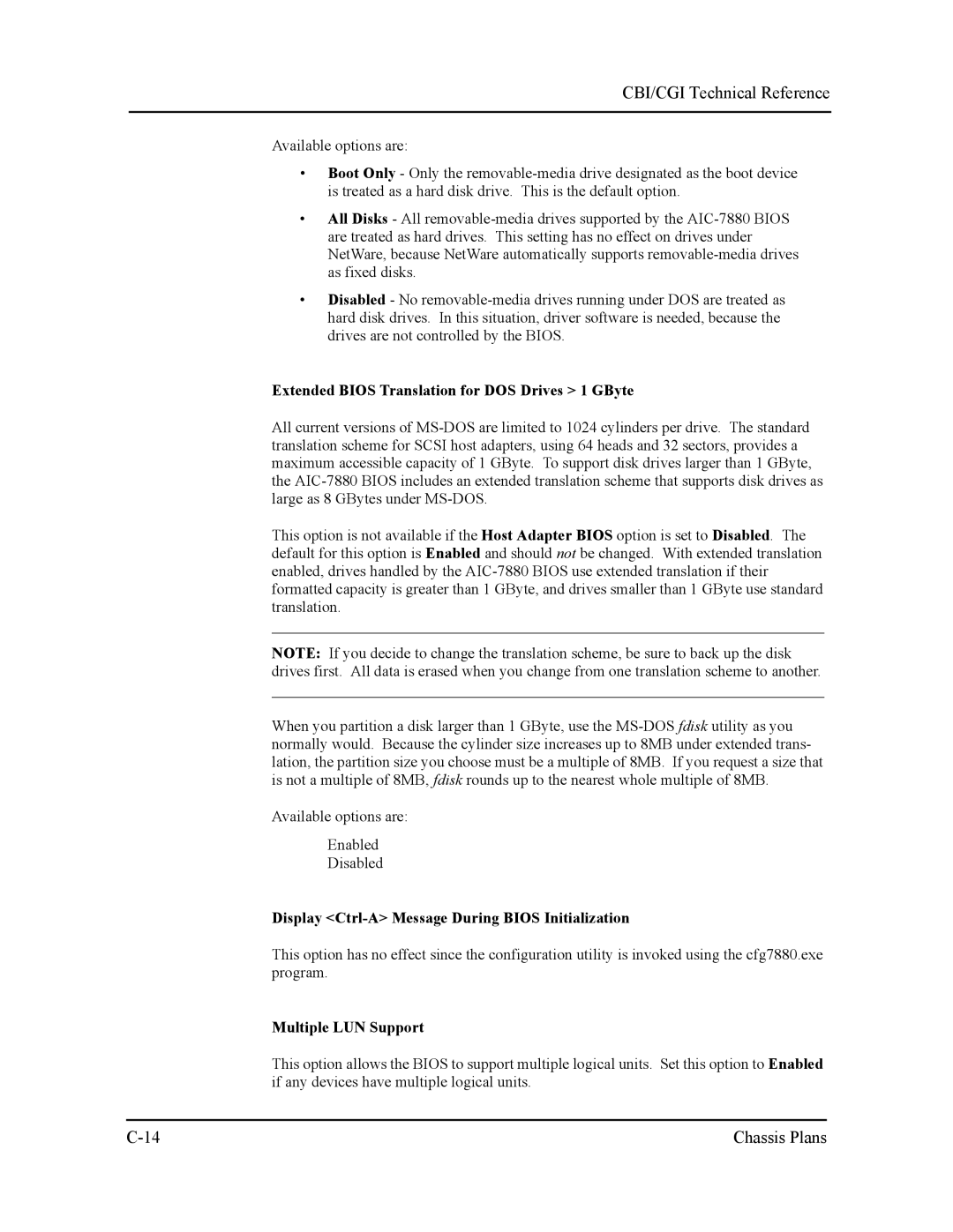 Intel S5721-xxx manual Extended Bios Translation for DOS Drives 1 GByte, Display Ctrl-A Message During Bios Initialization 