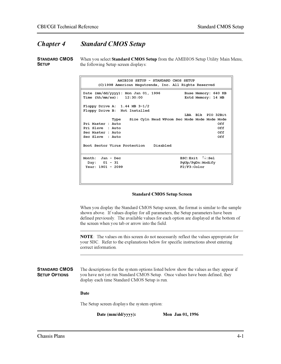 Intel S5721-xxx manual CBI/CGI Technical ReferenceStandard Cmos Setup 