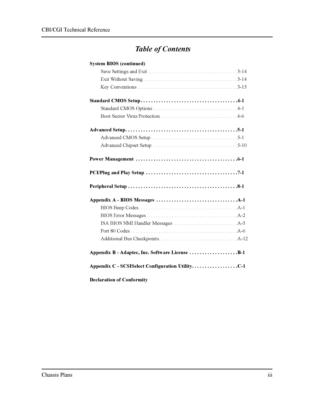 Intel S5721-xxx manual Chassis Plans Iii, Standard Cmos Setup, Advanced Setup 