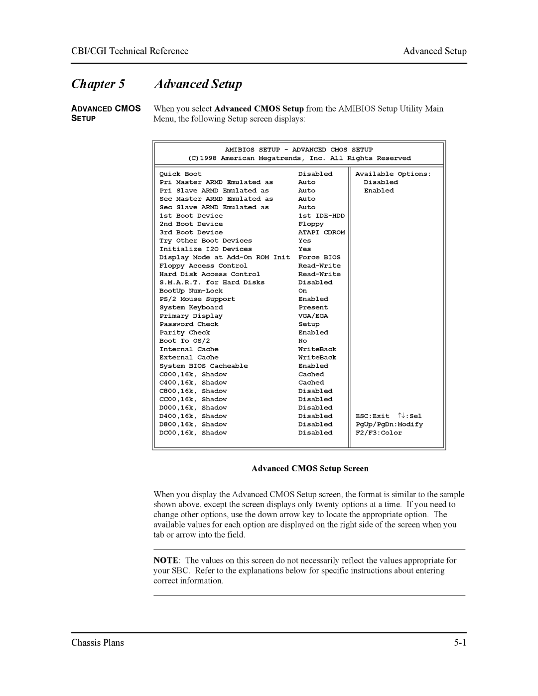 Intel S5721-xxx manual CBI/CGI Technical ReferenceAdvanced Setup, Menu, the following Setup screen displays 