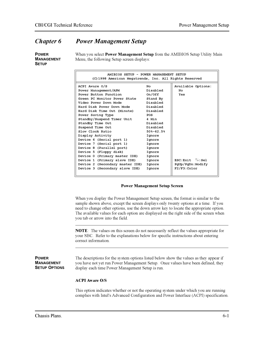 Intel S5721-xxx manual Chapter Power Management Setup, CBI/CGI Technical ReferencePower Management Setup, Acpi Aware O/S 