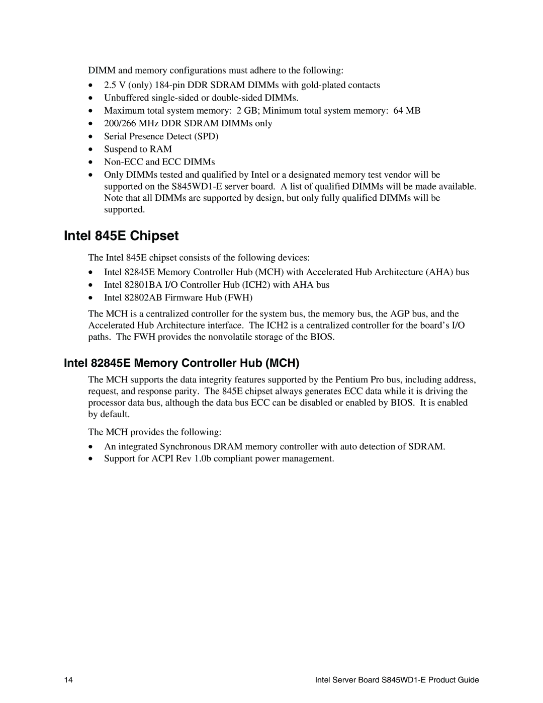 Intel S845WD1-E manual Intel 845E Chipset, Intel 82845E Memory Controller Hub MCH 